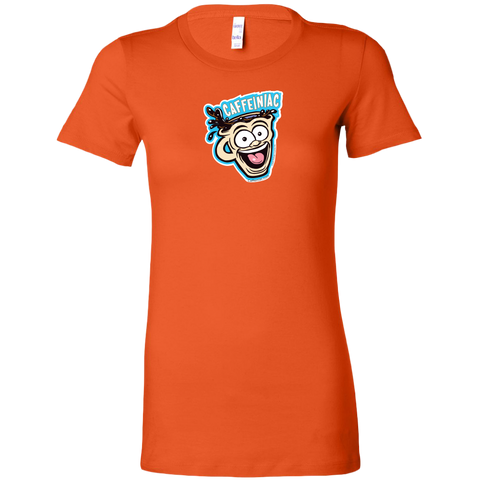 Image of front view of an orange short sleeve shirt featuring the original Caffeiniac dude cup design on the front
