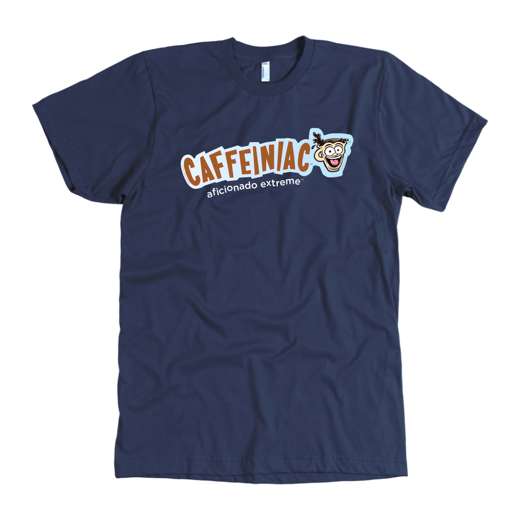 front view of a navy blue t-shirt with the Caffeiniac aficionado extreme design on the front