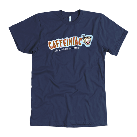 Image of front view of a navy blue t-shirt with the Caffeiniac aficionado extreme design on the front