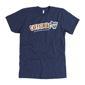 front view of a navy blue t-shirt with the Caffeiniac aficionado extreme design on the front