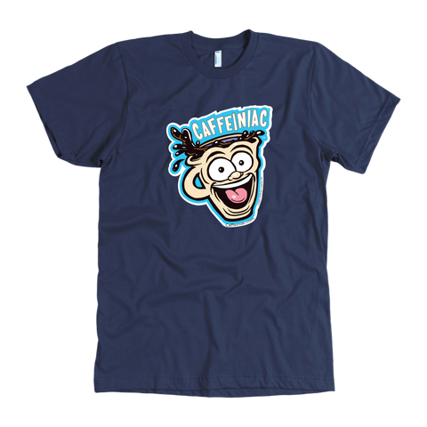 Image of front view of a navy blue mens t-shirt featuring the original Caffeiniac dude cup design