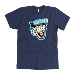 front view of a navy blue mens t-shirt featuring the original Caffeiniac dude cup design