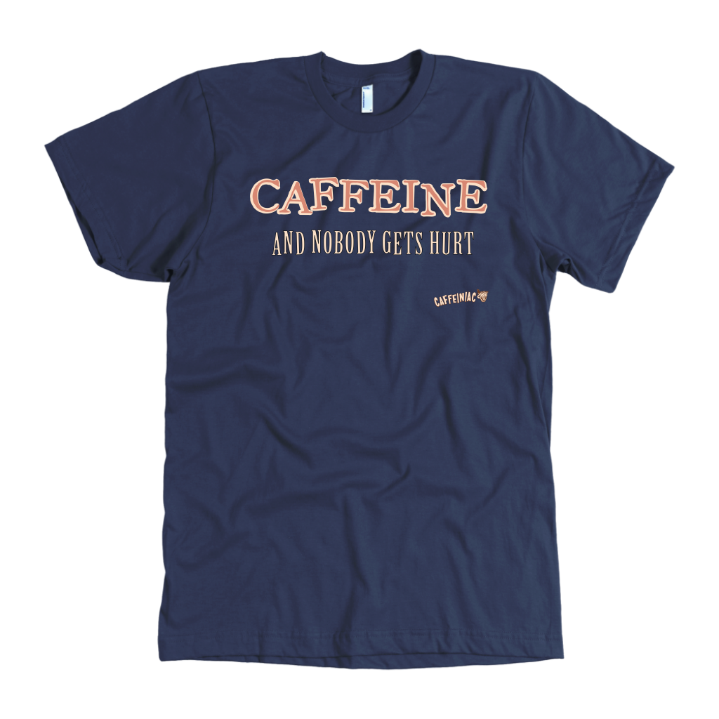 front view of a navy blue Caffeiniac t-shirt with the design CAFFEINE and nobody gets hurt