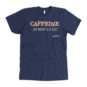 front view of a navy blue Caffeiniac t-shirt with the design CAFFEINE and nobody gets hurt