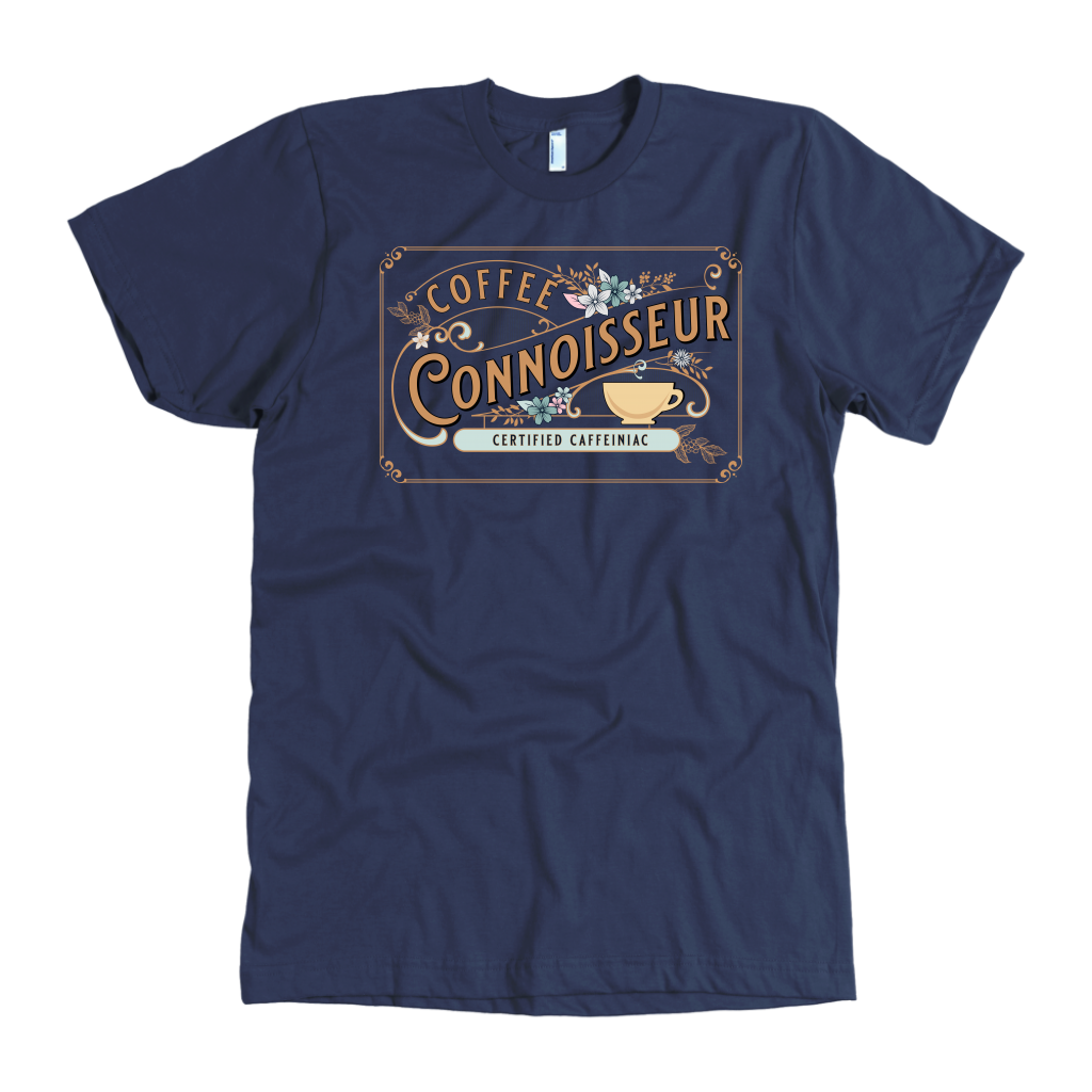 the front view of a man's vintage navy blue t-shirt with the Coffee Connoisseur design by Caffeiniac