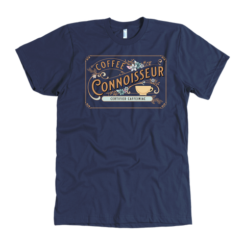 Image of the front view of a man's vintage navy blue t-shirt with the Coffee Connoisseur design by Caffeiniac