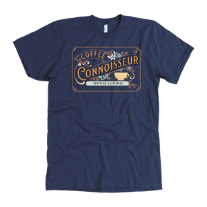 the front view of a man's vintage navy blue t-shirt with the Coffee Connoisseur design by Caffeiniac