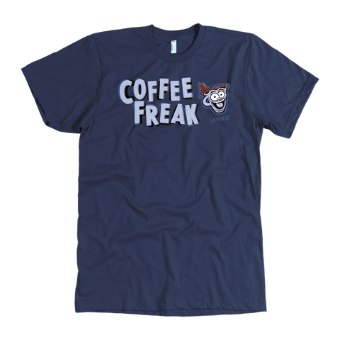 Image of front view of a men's  navy blue Caffeiniac t-shirt featuring the Coffee Freak design