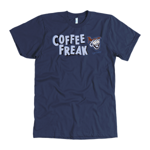 front view of a men's  navy blue Caffeiniac t-shirt featuring the Coffee Freak design