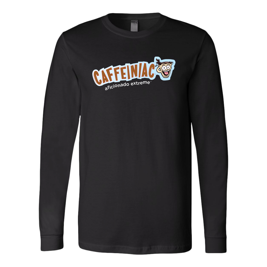 front view of a black long sleeve tshirt with Caffeiniac aficionado extreme design on the front