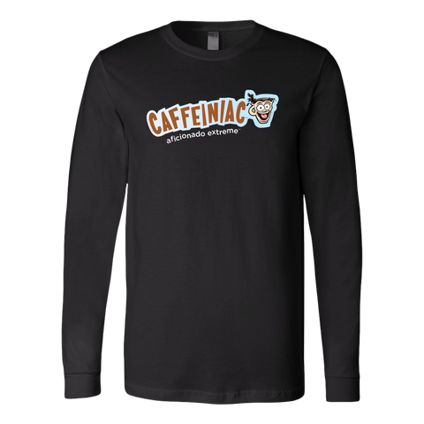 Image of front view of a black long sleeve tshirt with Caffeiniac aficionado extreme design on the front