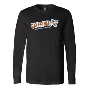 front view of a black long sleeve tshirt with Caffeiniac aficionado extreme design on the front