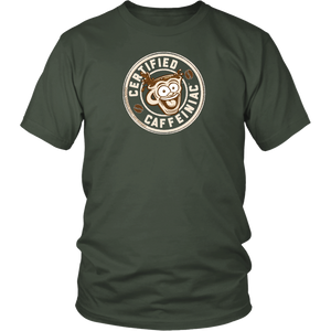 Front view of a men’s green t-shirt featuring the Certified Caffeiniac design in tan ink on the front