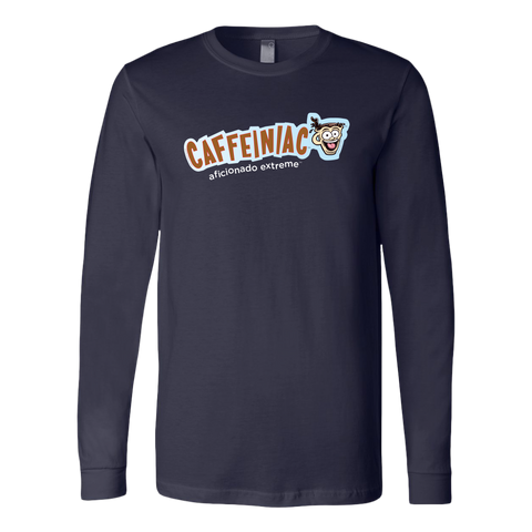 Image of front view of a navy blue long sleeve tshirt with Caffeiniac aficionado extreme design on the front