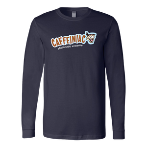 front view of a navy blue long sleeve tshirt with Caffeiniac aficionado extreme design on the front