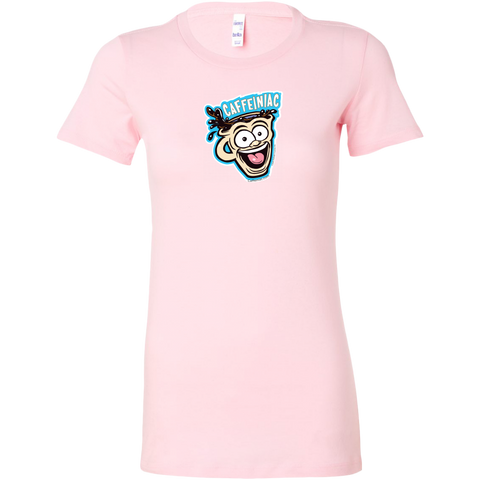 Image of front view of a pink short sleeve shirt featuring the original Caffeiniac dude cup design on the front