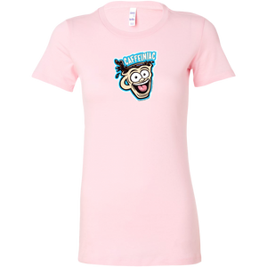 front view of a pink short sleeve shirt featuring the original Caffeiniac dude cup design on the front