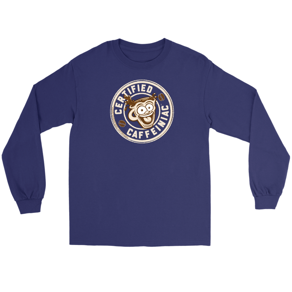 Front view of a blue  long sleeve t-shirt featuring the Certified Caffeiniac design in tan
