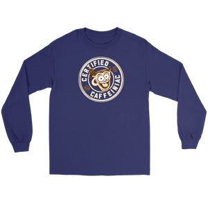 Front view of a blue  long sleeve t-shirt featuring the Certified Caffeiniac design in tan