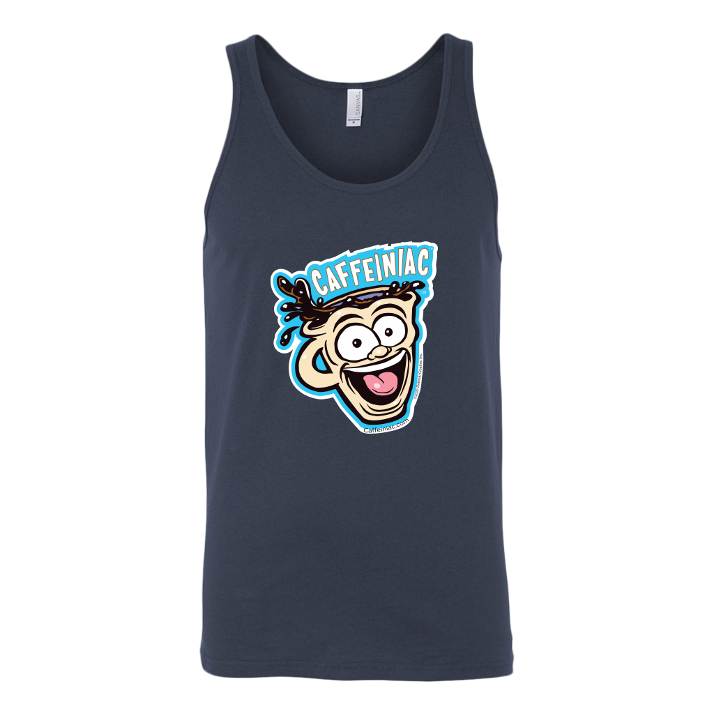 front view of a dark grey tank top featuring the original Caffeiniac dude cup design on the front