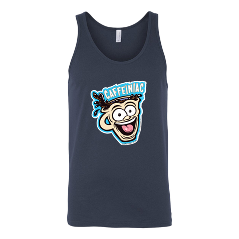 Image of front view of a dark grey tank top featuring the original Caffeiniac dude cup design on the front