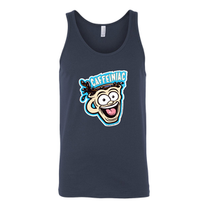 front view of a dark grey tank top featuring the original Caffeiniac dude cup design on the front