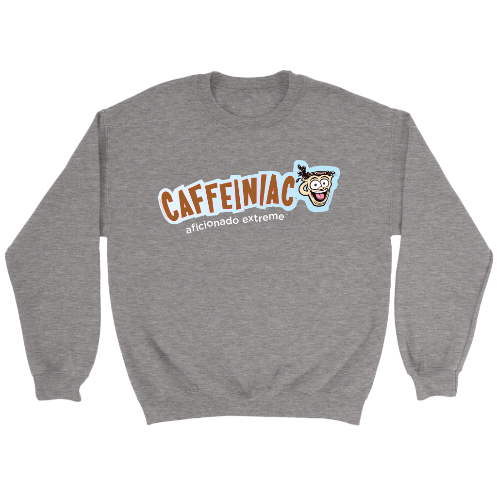 front view of a light grey crewneck sweatshirt featuring the original Caffeiniac aficionado extreme logo