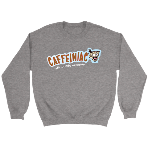 Image of front view of a light grey crewneck sweatshirt featuring the original Caffeiniac aficionado extreme logo