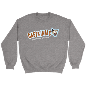 front view of a light grey crewneck sweatshirt featuring the original Caffeiniac aficionado extreme logo