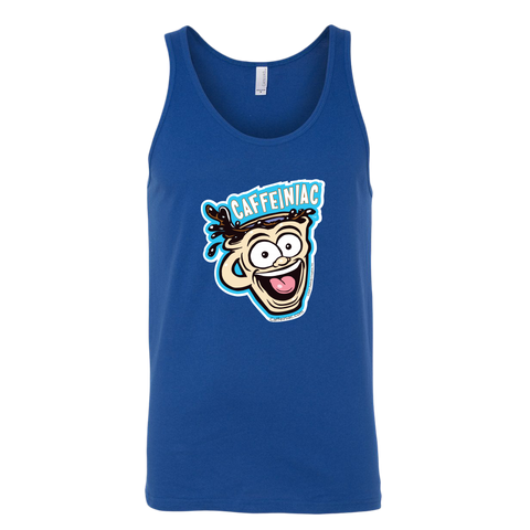 Image of front view of a royal blue tank top featuring the original Caffeiniac dude cup design on the front