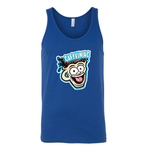 front view of a royal blue tank top featuring the original Caffeiniac dude cup design on the front