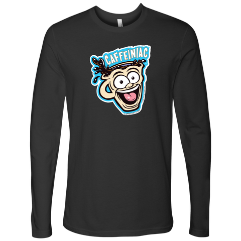 Image of front view of a grey Next Level Mens Long Sleeve T-Shirt featuring the original Caffeiniac Dude cup design on the front