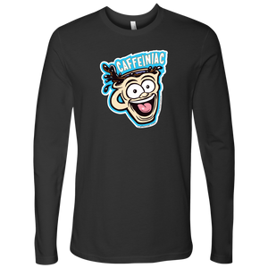 front view of a grey Next Level Mens Long Sleeve T-Shirt featuring the original Caffeiniac Dude cup design on the front