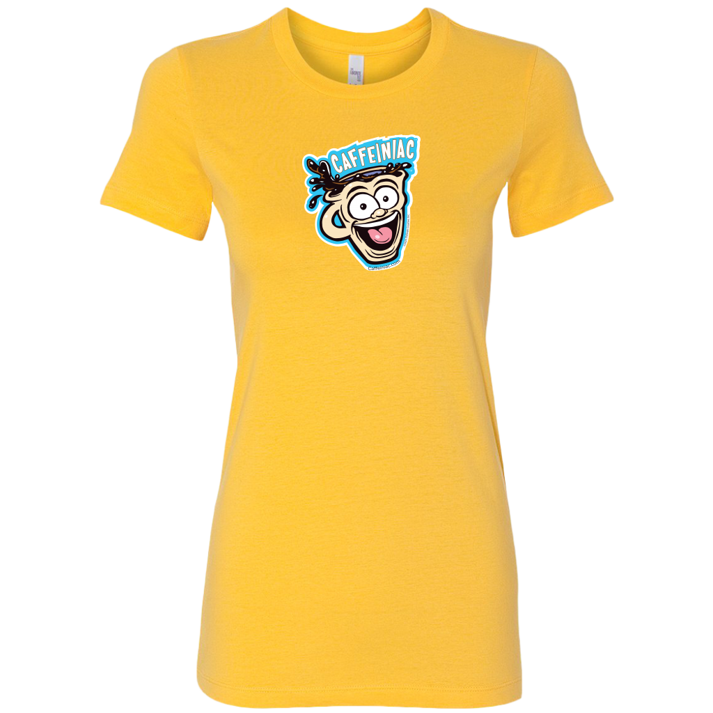 front view of a yellow short sleeve womens  shirt featuring the original Caffeiniac dude cup design on the front