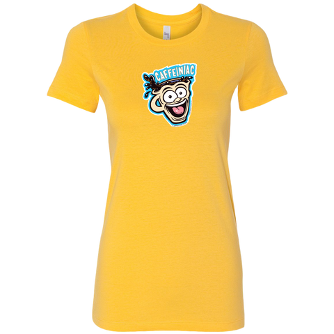 Image of front view of a yellow short sleeve womens  shirt featuring the original Caffeiniac dude cup design on the front