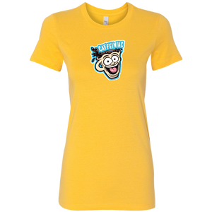 front view of a yellow short sleeve womens  shirt featuring the original Caffeiniac dude cup design on the front