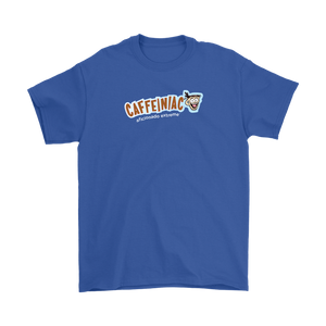 a royal blue Gildan Mens T-Shirt featuring the Caffeinaic aficionado extreme design on the front