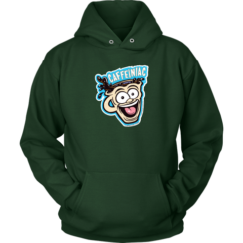 Image of Front view of a green unisex Hoodie featuring the original Caffeiniac Dude cup design on the front