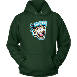 Front view of a green unisex Hoodie featuring the original Caffeiniac Dude cup design on the front