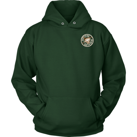 Image of  front view of a green hoodie with the Certified Caffeiniac design on the front left chest