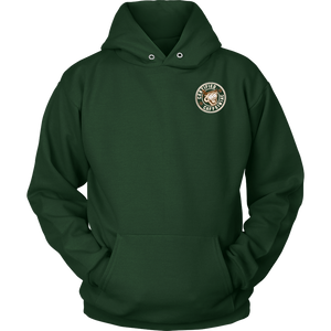  front view of a green hoodie with the Certified Caffeiniac design on the front left chest