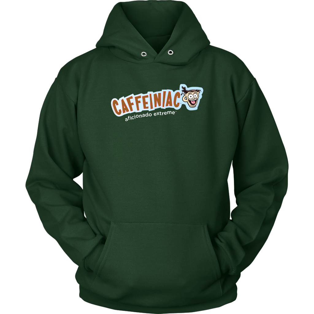 front view of a green unisex hoodie featuring the caffeiniac aficionado extreme design on the front