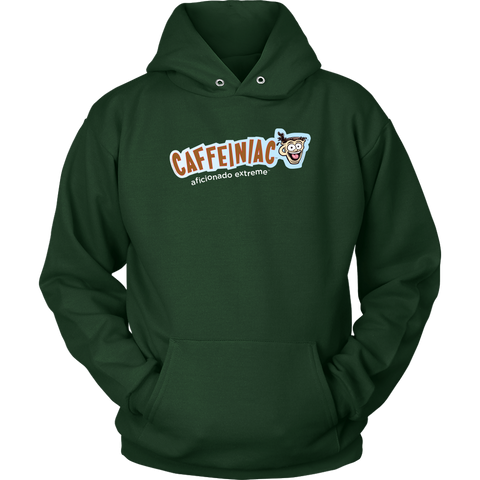 Image of front view of a green unisex hoodie featuring the caffeiniac aficionado extreme design on the front