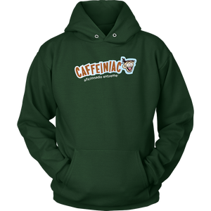 front view of a green unisex hoodie featuring the caffeiniac aficionado extreme design on the front