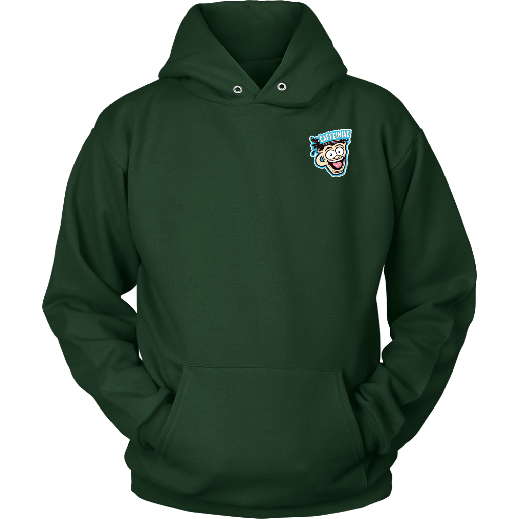 Front view of a green unisex Hoodie featuring the original Caffeiniac Dude design on the front left chest and full size on the back