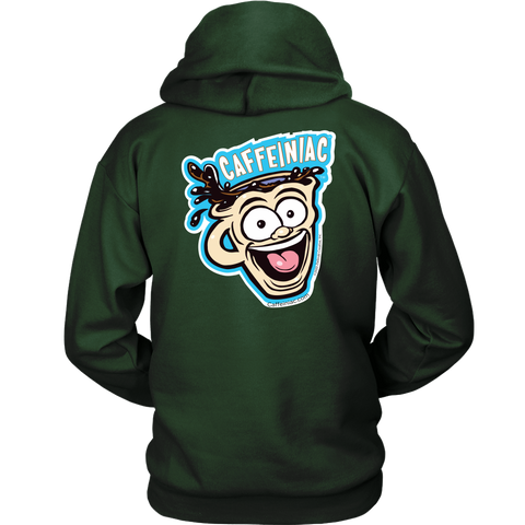 Image of back view of a green unisex Hoodie featuring the original Caffeiniac Dude design on the front left chest and full size on the back