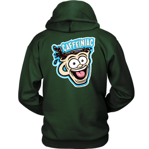 back view of a green unisex Hoodie featuring the original Caffeiniac Dude design on the front left chest and full size on the back