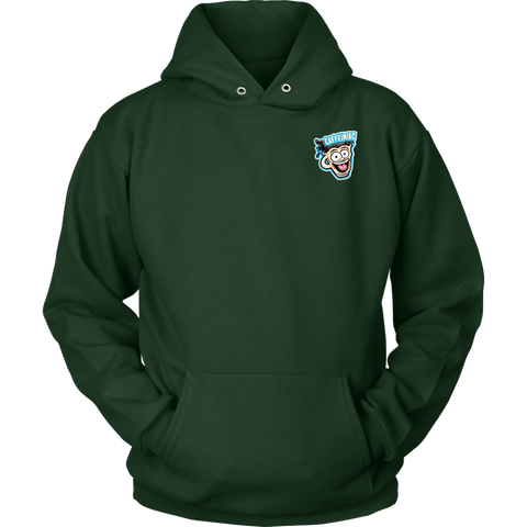 Image of Front view of a green unisex Hoodie featuring the original Caffeiniac Dude design on the front left chest and full size on the back