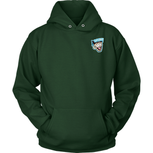 Front view of a green unisex Hoodie featuring the original Caffeiniac Dude design on the front left chest and full size on the back