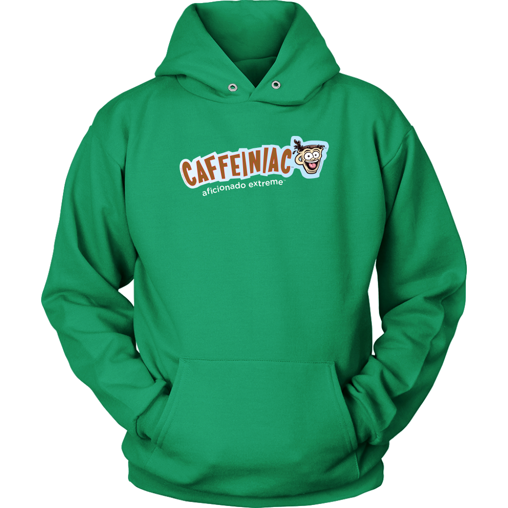 front view of a bright green unisex hoodie featuring the caffeiniac aficionado extreme design on the front
